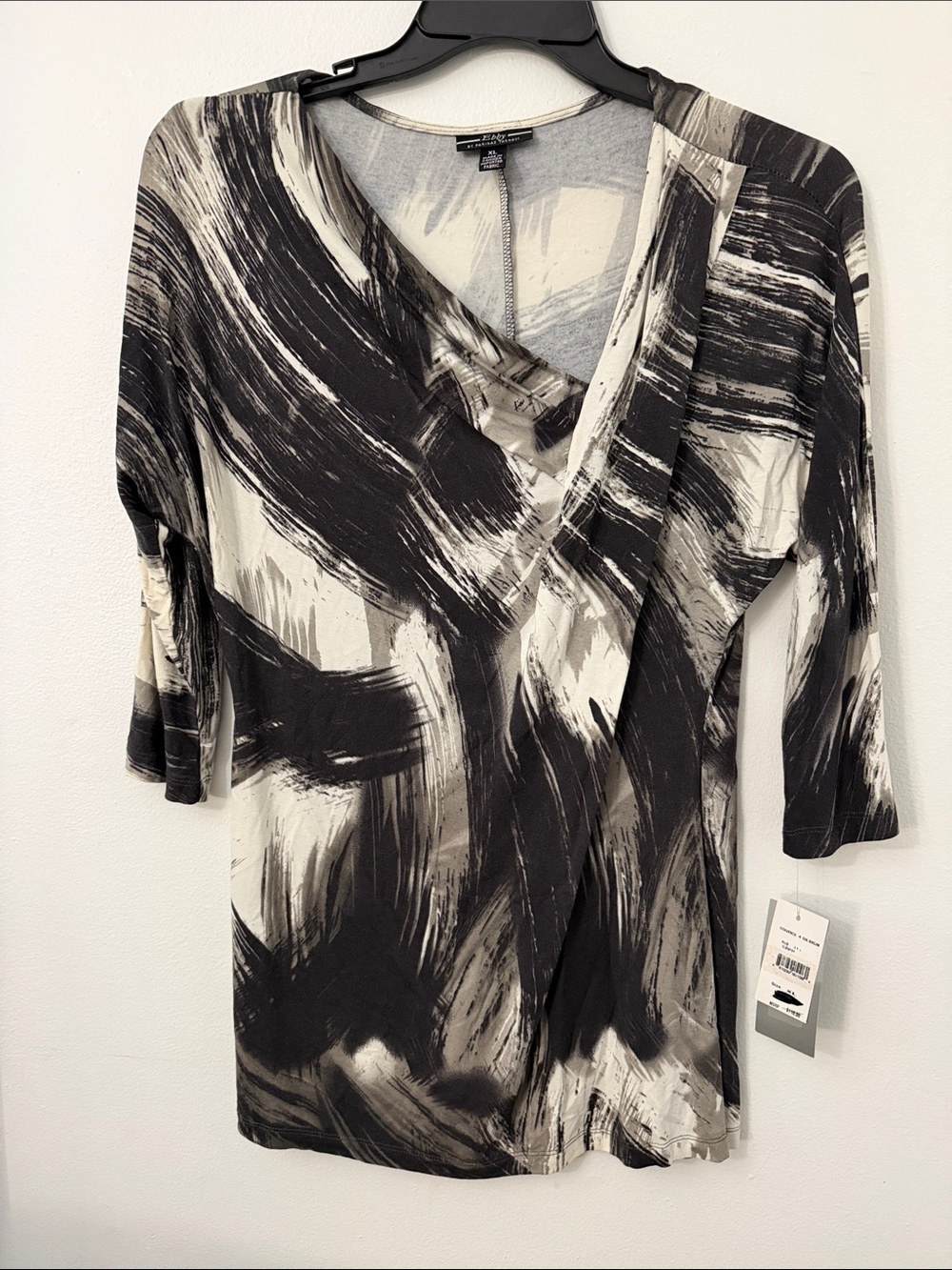 Brushstroke Wrap-Front Tunic Top - Black & Cream